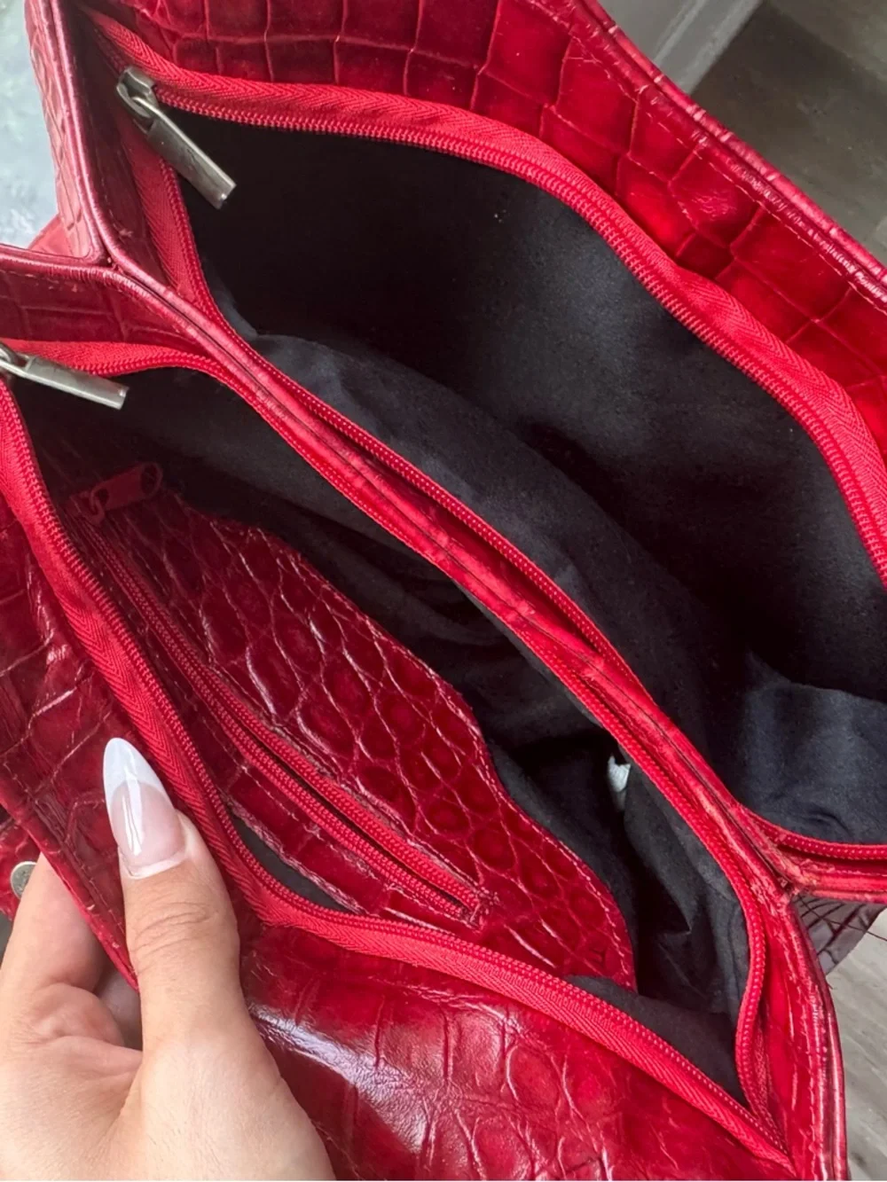 Red Croc-Embossed Shoulder Bag